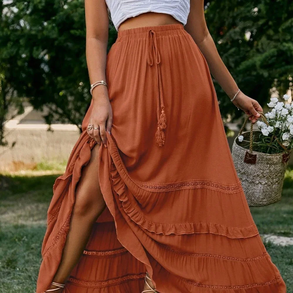 Red Boho Womens Tie Waist Ruffle Hem Skirt